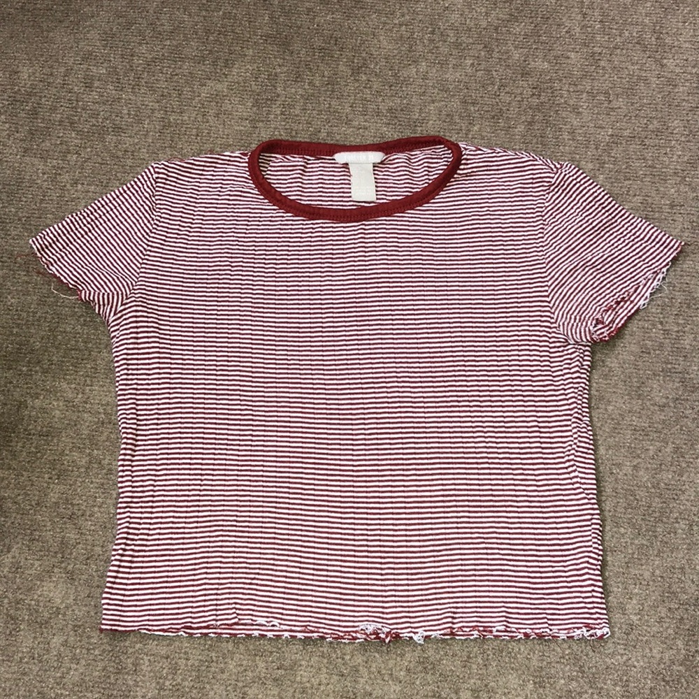 FOREVER 21 - Maroon / White Striped Cropped Tee
